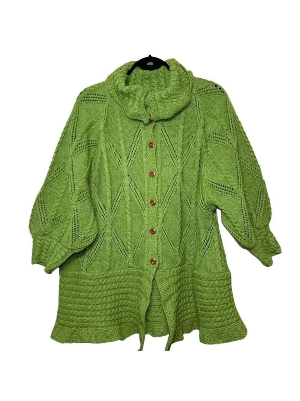 C.O.Z.Y Green Knit Sweater Ballon Sleeve Button Front Sz M (Real L-XL) Granola
